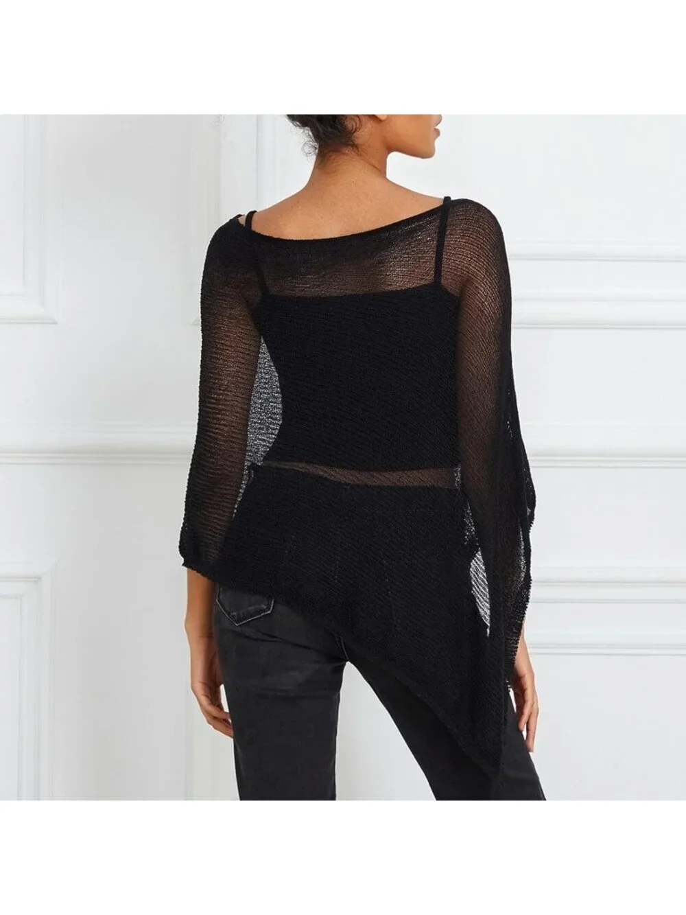 Women's Black Sheer Poncho Top Knit Crochet Lightweight See Through Shawl